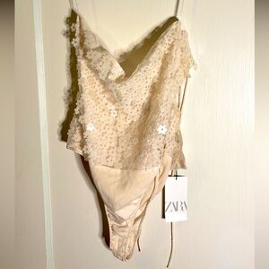 ZARA Floral Sequin Bodysuit Square Neck Cross Tie Back Cream Color NWT